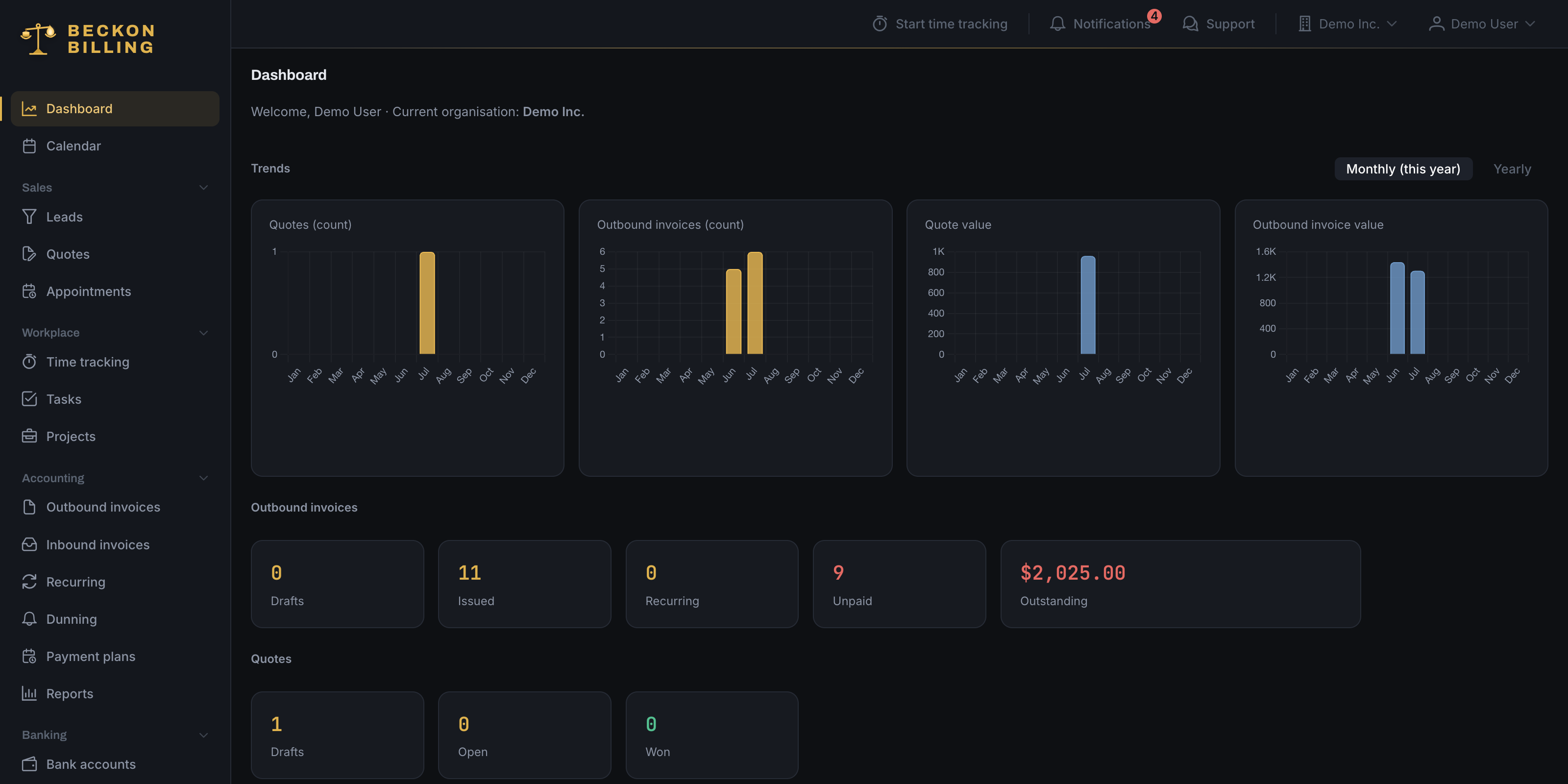 Beckon Billing dashboard with revenue KPIs and trend charts