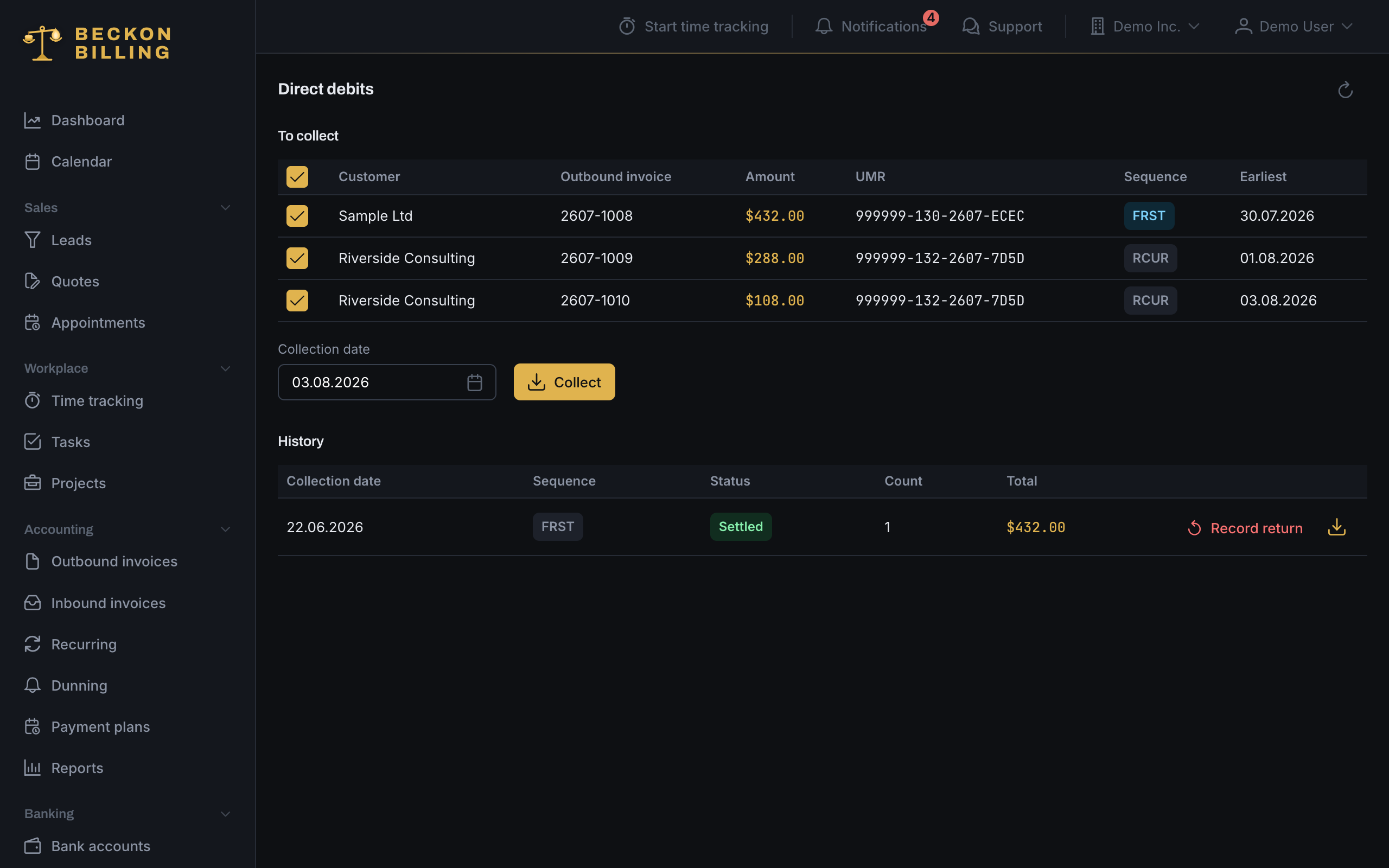 Direct debits with collectible invoices and previously collected runs