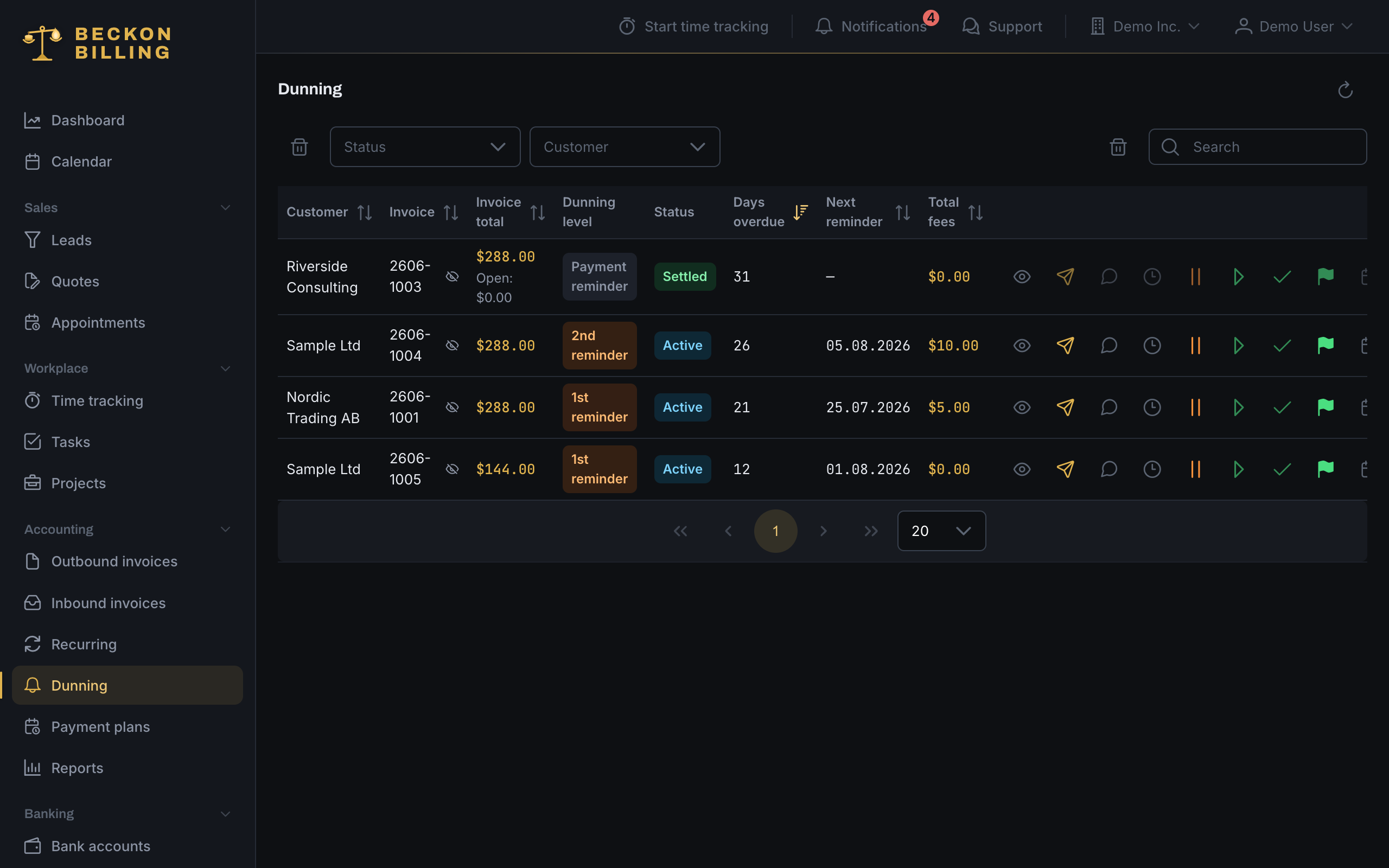 Dunning view with reminder stages, deadlines and open cases per customer