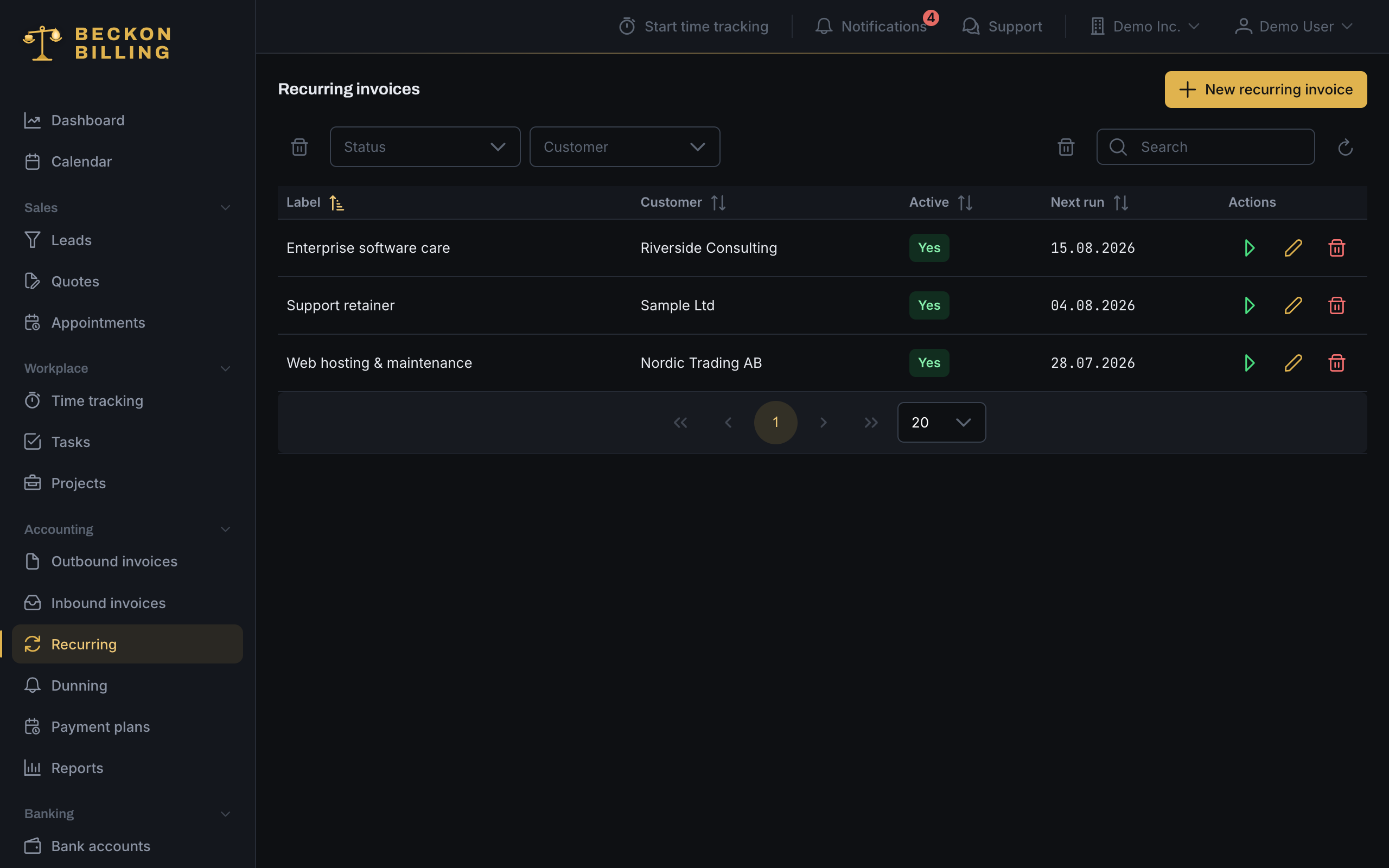 Recurring invoices with intervals and next run dates