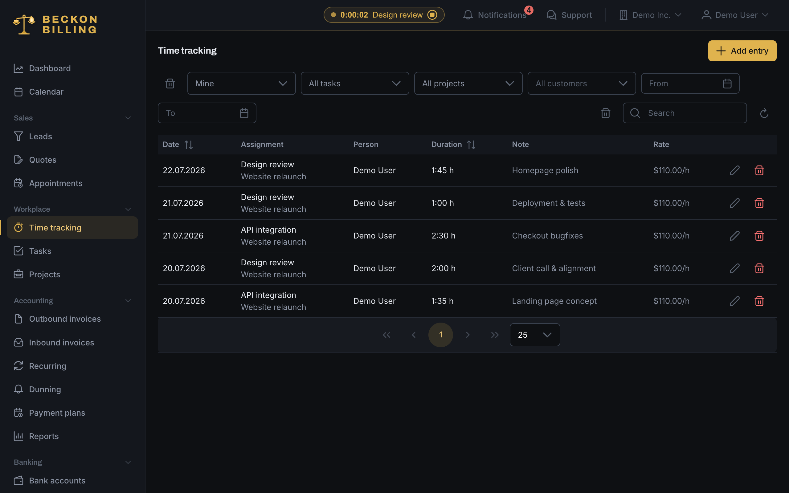 Time tracking with a running timer and entries grouped by day